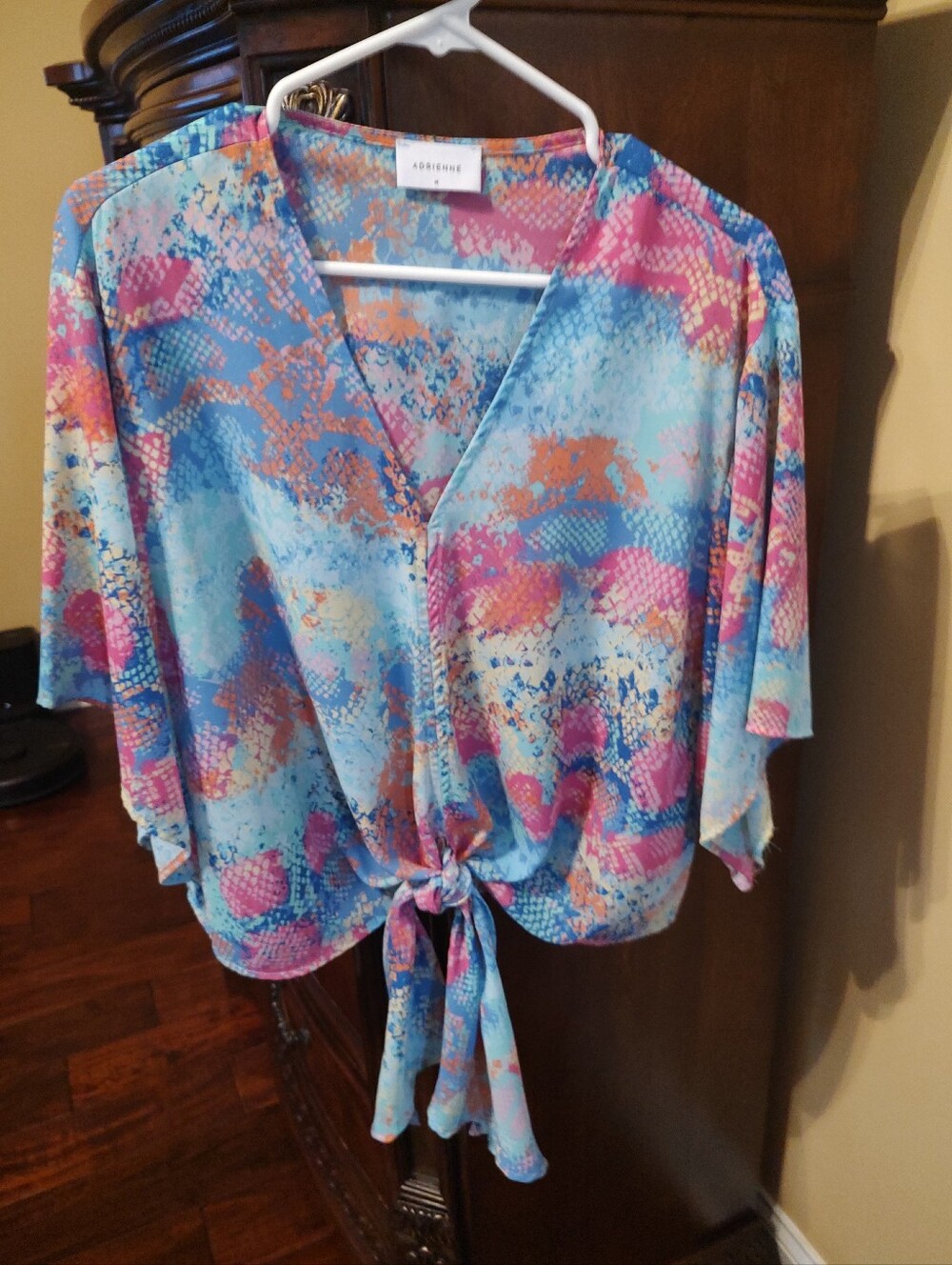 Adrienne Blue Pink Orange Tie-Front Blouse